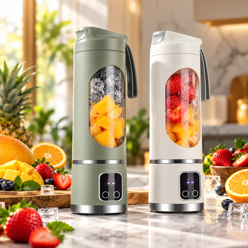 Liquidificador portátil esen-cia com frutas frescas e lâminas de aço inox, recarregável por USB, ideal para smoothies e sucos pessoais.