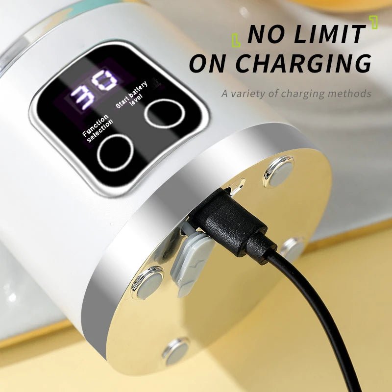 Liquidificador portátil esen-cia com lâminas de aço inox, recarregável por USB, ideal para sucos e smoothies pessoais.