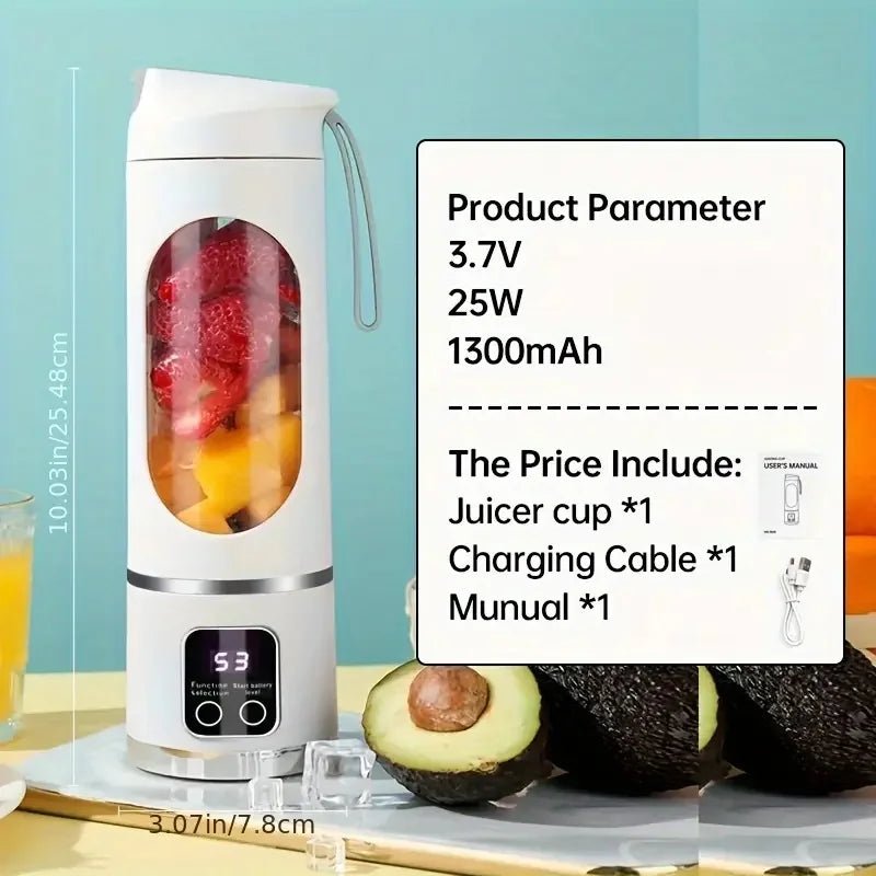 Lata portátil de blender e juicer esen-cia com lâminas de aço inox, recarregável via USB, para smoothies e sucos pessoais.