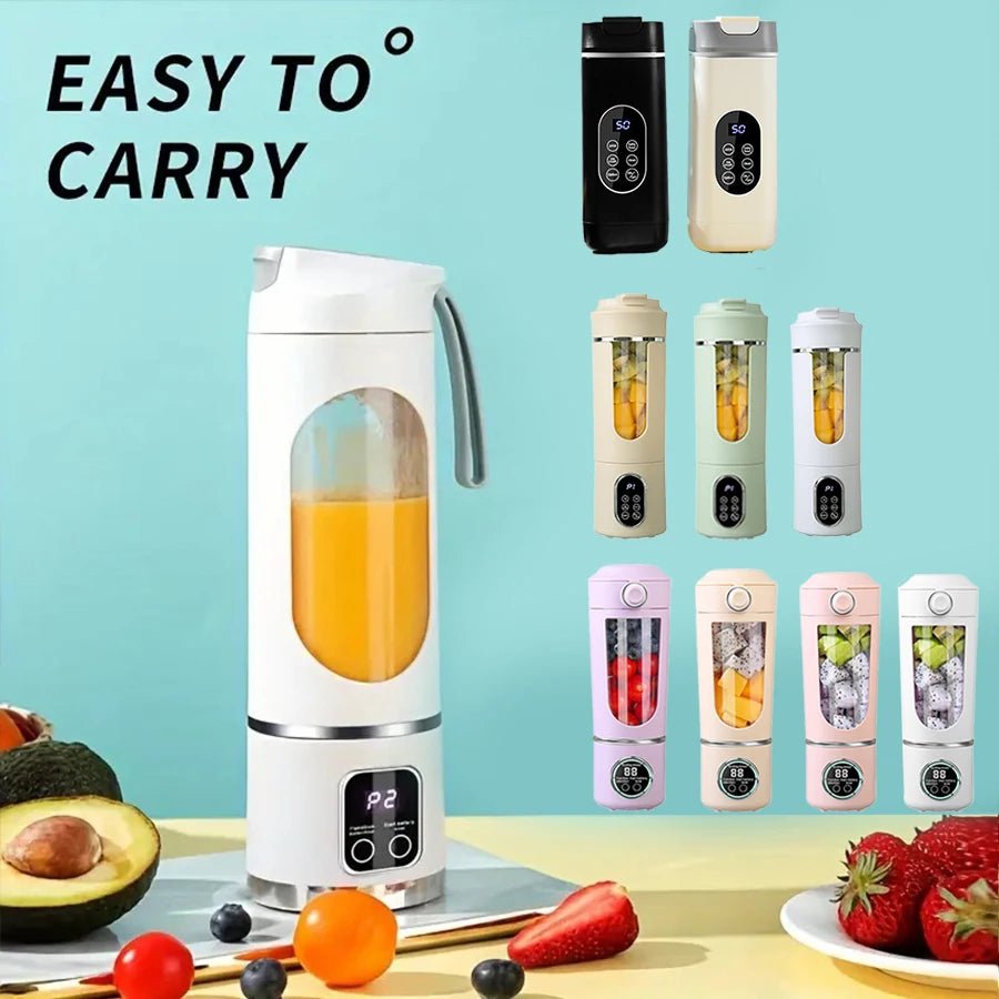 Líquido colorido no mini liquidificador portátil esen-cia com lâminas de aço inox, carregador USB, ideal para smoothies e sucos pessoais.