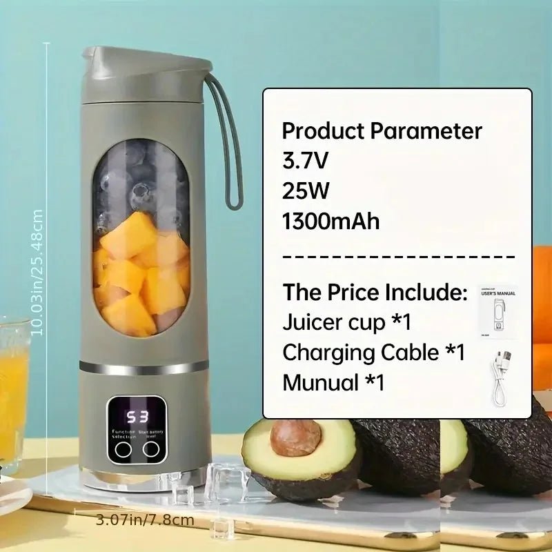 Liquidificador portátil esen-cia, pequeno, recarregável por USB, com lâminas de aço inox, ideal para smoothies e sucos pessoais.
