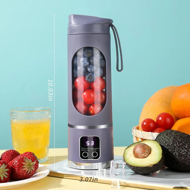 Liquidificador portátil esen-cia compacto com lâminas de aço inox, recarregável via USB, para sucos e smoothies pessoais.