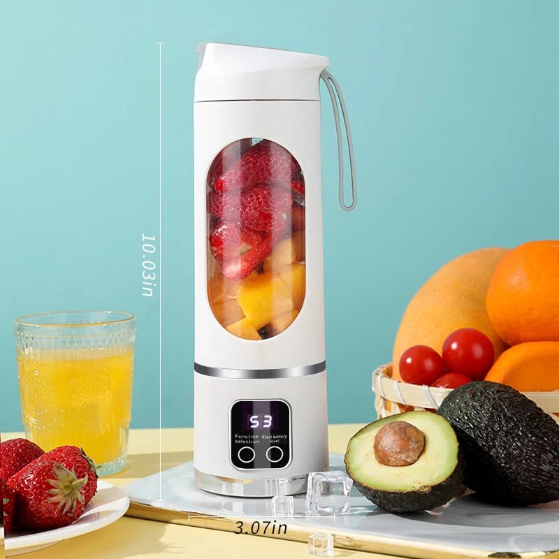 Liquidificador portátil esen-cia pequeno, recarregável USB com lâminas de aço inox, ideal para sucos e smoothies pessoais.