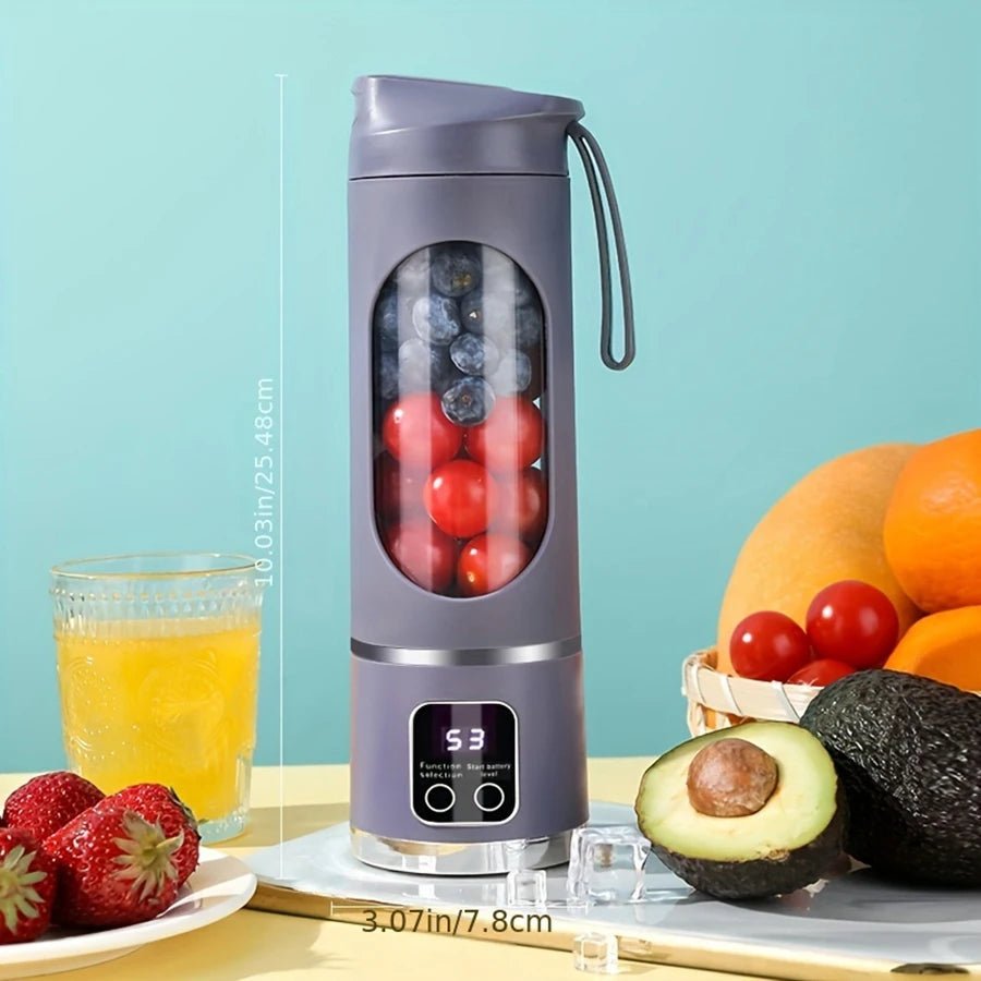 Liquidificador portátil esen-cia, pequeno, recarregável por USB, com lâminas de aço inoxidável, ideal para sucos e smoothies pessoais.