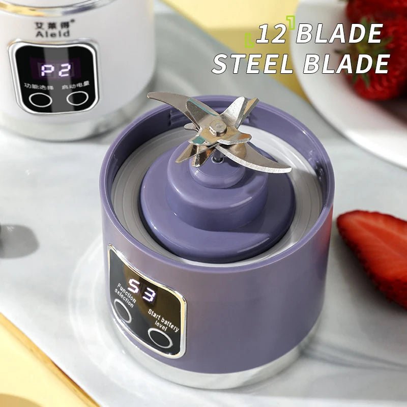Liquidificador portátil esen-cia pequeno com lâminas de aço inox, bateria USB recarregável, ideal para smoothies e sucos pessoais.