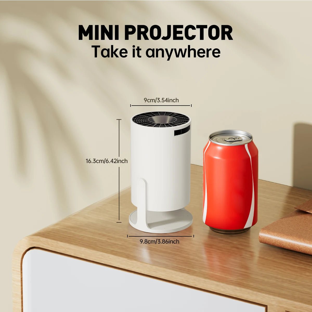 Projetor mini 4K esen-cia com projeção curta, suporte rotação de 270° e compatível com laptops e dispositivos inteligentes.