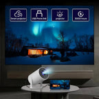 Projetor mini esen-cia 4K com projeção curta, suporte rotação de 270° e compatível com laptops e dispositivos inteligentes.