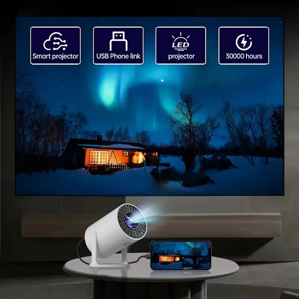 Projetor mini esen-cia 4K com projeção curta, suporte rotação de 270° e compatível com laptops e dispositivos inteligentes.