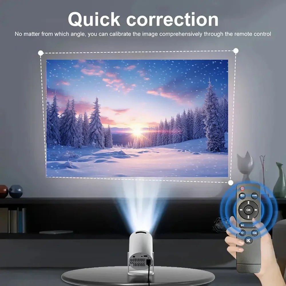 Projetor mini esen-cia 4K decoding, 1080P, com projeção de curta distância e rotação de 270°, compatível com laptops e smart.