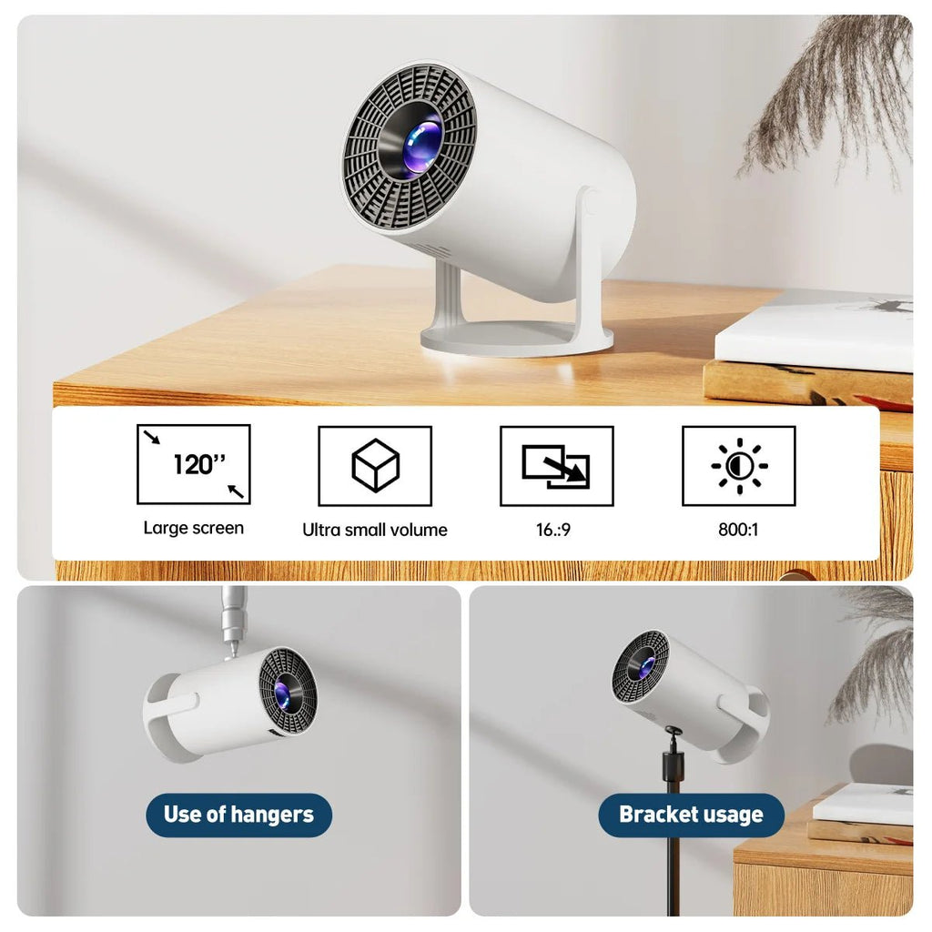 Projetor mini 4K e 1080P da esen-cia com projeção curta, rotação de 270° e compatível com laptops e dispositivos inteligentes.