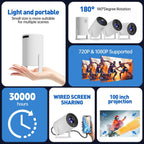 Projetor mini 4K esen-cia com projeção de 1080P, curto alcance, rotação de 270° e compatível com laptops e dispositivos inteligentes.