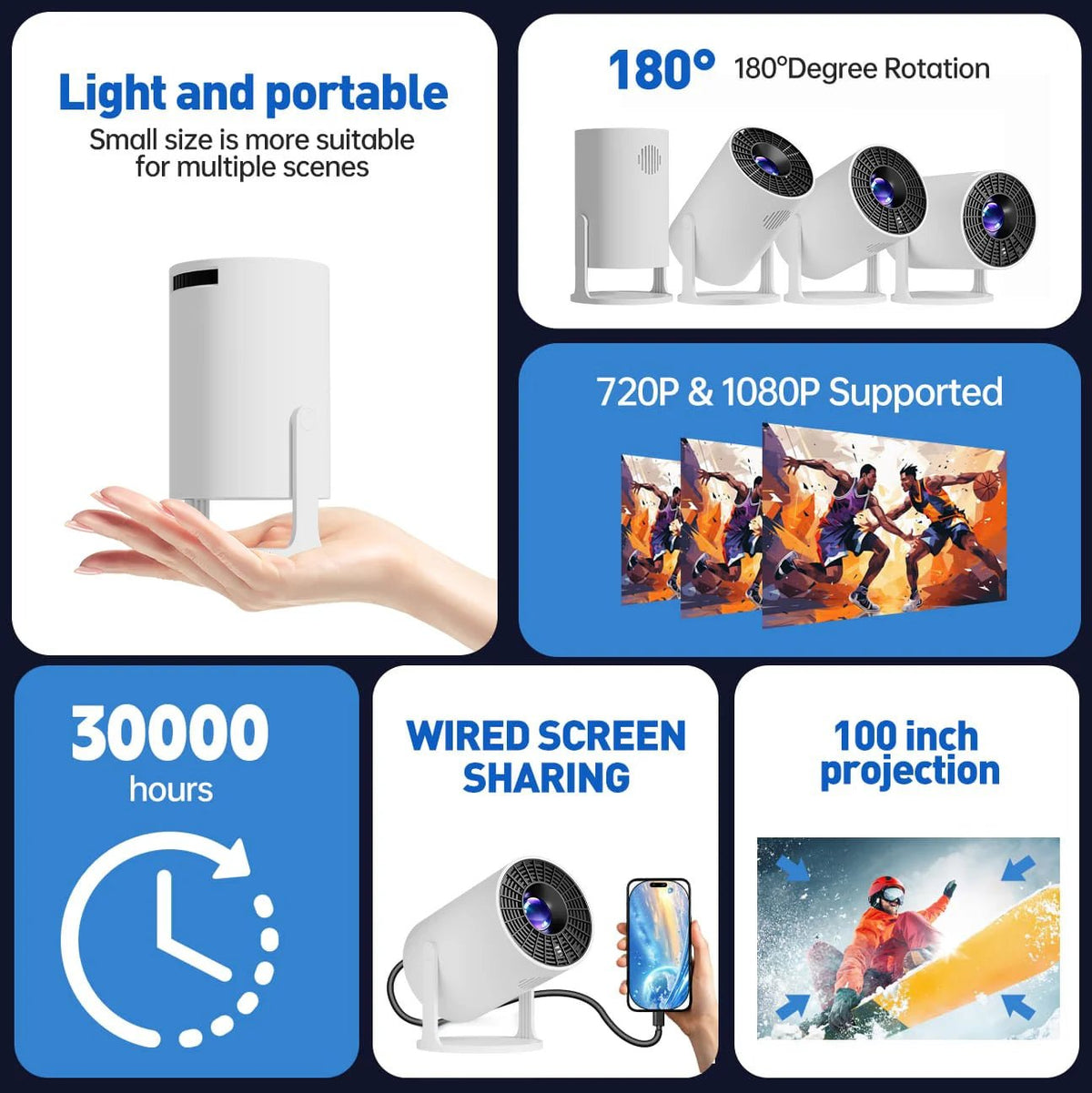 Projetor mini 4K esen-cia com projeção de 1080P, curto alcance, rotação de 270° e compatível com laptops e dispositivos inteligentes.