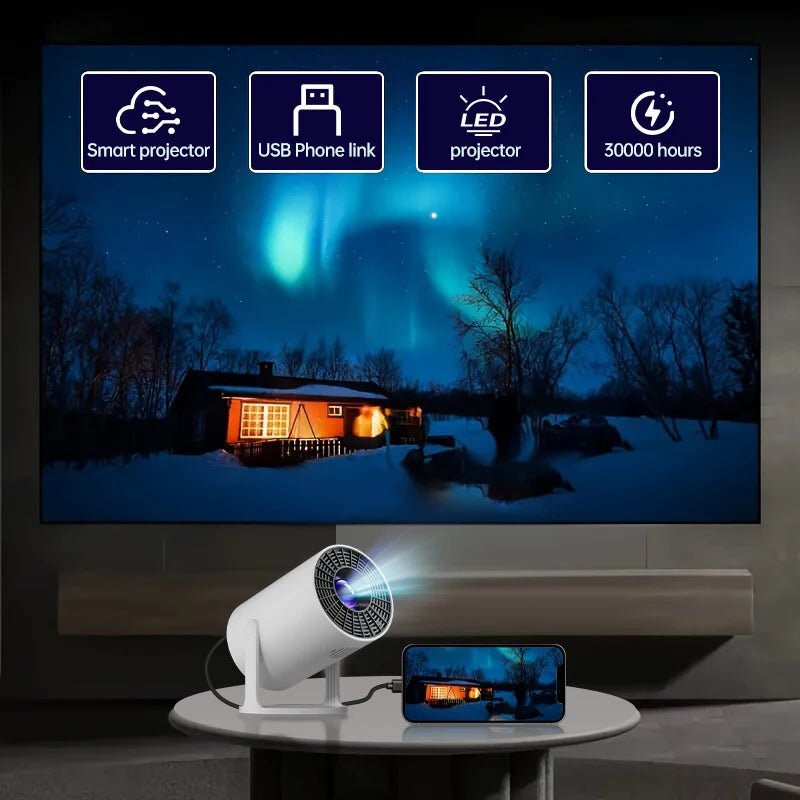 Projetor mini Esen-cia 4K com projeção curta, suporte a rotação 270° e compatível com laptops e dispositivos inteligentes.