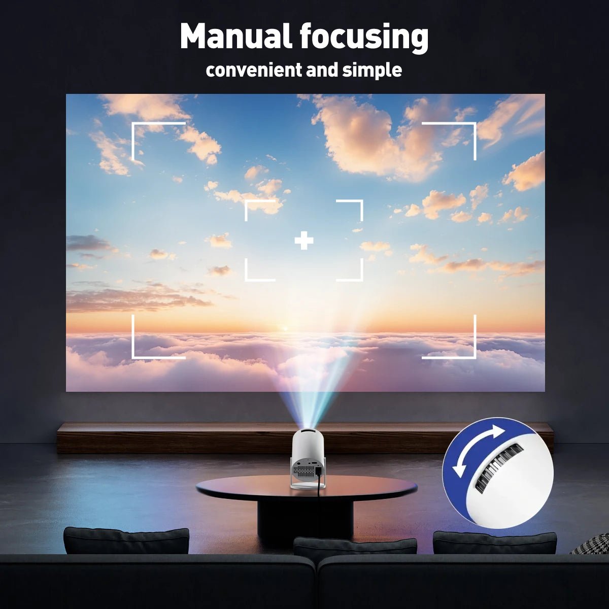 Projetor mini Esen-cia 4K nativo 1080P, projeção curta, suporte rotação 270°, compatível com laptops e dispositivos inteligentes.