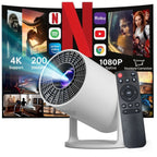 Projetor mini 4K esen-cia com projeção curta, suporte 270° e compatível com laptops e dispositivos smart, imagem em alta resolução.