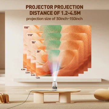Projetor mini esen-cia com resolução 4K, projeção curta, suporte rotação 270° e compatível com laptops e dispositivos inteligentes.