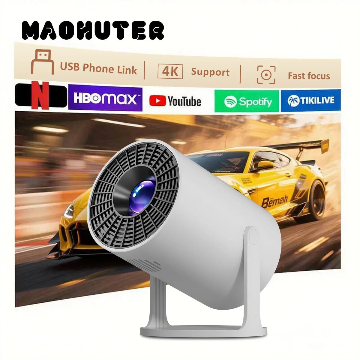 Projetor portátil Esen-cia 4K com projeção curta, suporte a rotação de 270° e compatível com laptops e dispositivos inteligentes.