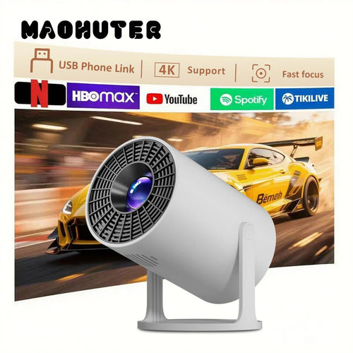 Projetor portátil Esen-cia 4K com projeção curta, suporte a rotação de 270° e compatível com laptops e dispositivos inteligentes.