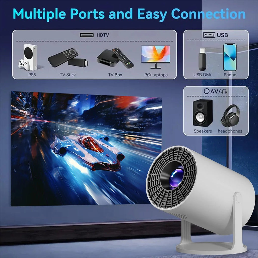 Projetor mini esen-cia 4K decoding nativo 1080P com projeção curta e rotação de 270°, compatível com laptops e dispositivos inteligentes.