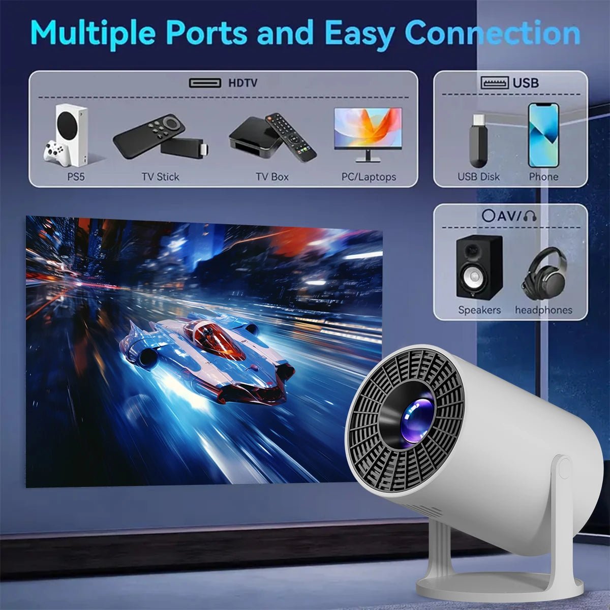 Projetor mini esen-cia 4K decoding nativo 1080P com projeção curta e rotação de 270°, compatível com laptops e dispositivos inteligentes.