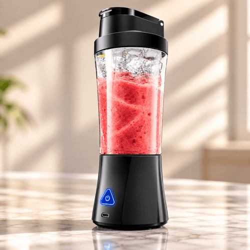 Liquidificador portátil esen-cia preto, compacto e recarregável USB para smoothies e frutas, ideal para casa, escritório ou viagem.