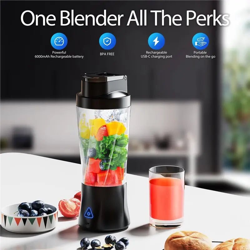 Liquidificador portátil esen-cia B89B, carregamento USB, mini liquidificador de frutas para casa, escritório e viagens, em uso.