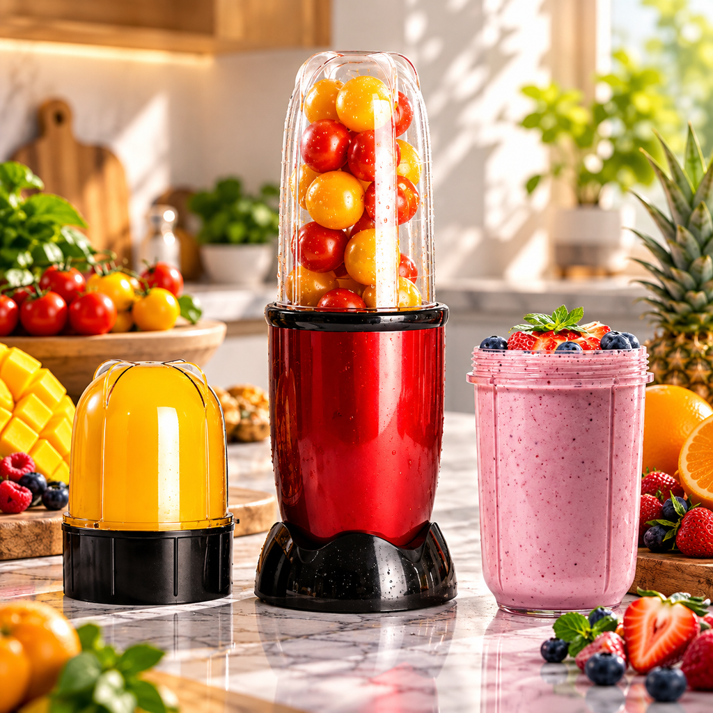 Liquidificador portátil Esen-cia vermelho com frutas frescas, ideal para smoothies, sucos e alimentos processados.