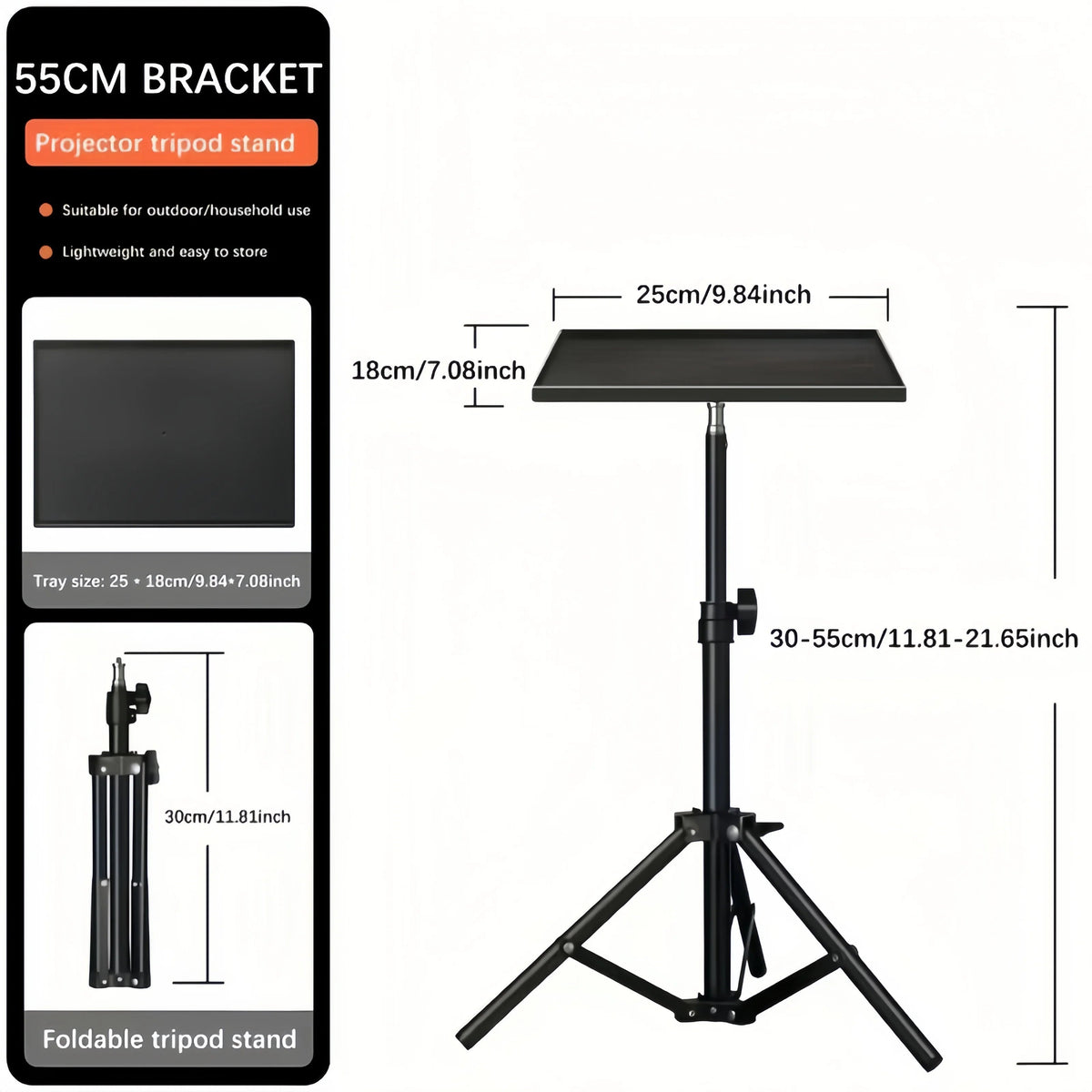Suporte de projetor mini portátil da esen-cia, ajustável em 3 alturas, com bandeja de 25x18cm para projetores pequenos.