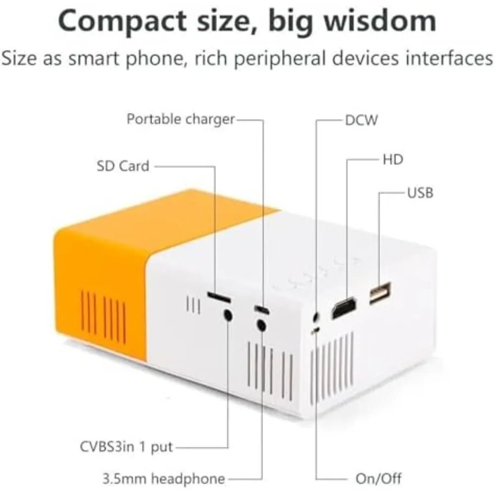 Mini projetor portátil esen-cia para filmes ao ar livre, compatível com HDMI, USB e AV, ideal para home theater móvel.