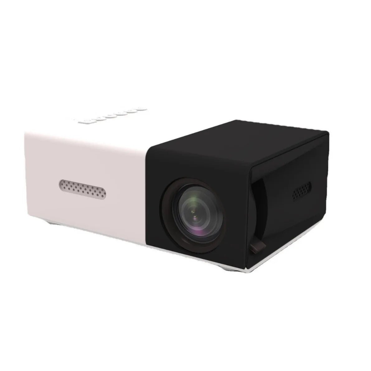Projetor portátil Esen-cia para filmes ao ar livre, com conexão HDMI, USB e AV, ideal para home theater compacto.