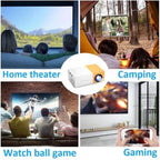 Projetor mini portátil esen-cia para vídeos, compatível com HDMI, USB e AV, ideal para cinema ao ar livre e uso doméstico.