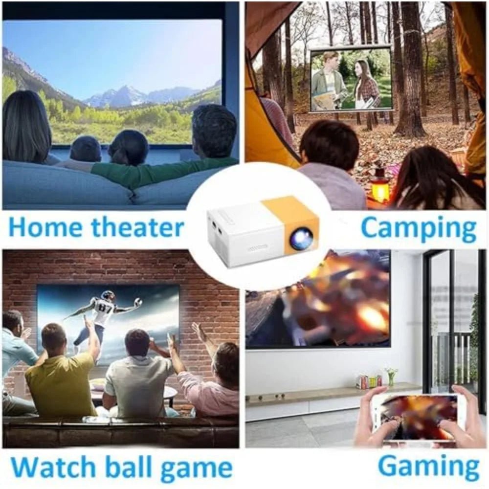 Projetor mini portátil esen-cia para vídeos, compatível com HDMI, USB e AV, ideal para cinema ao ar livre e uso doméstico.