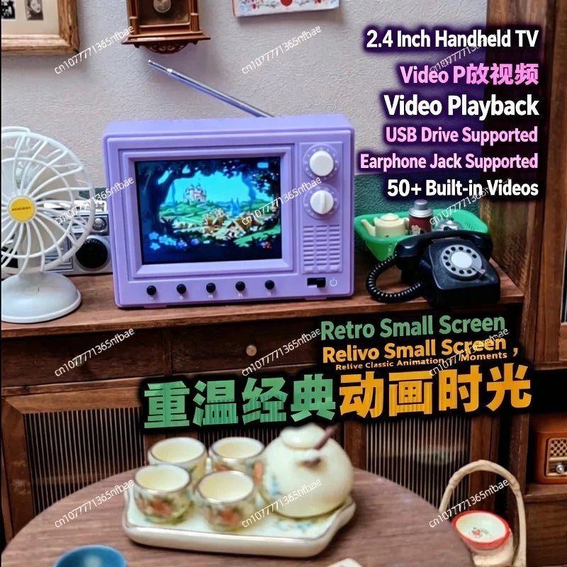 Mini TV retro Esen-cia de 2,4 polegadas, portátil, com tela pequena, suporte para U Disk, aparência realista para cena miniatura