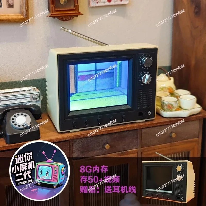 Mini TV retro esen-cia de 2.4 polegadas, televisão portátil em miniatura com suporte para USB, cena decorativa realista