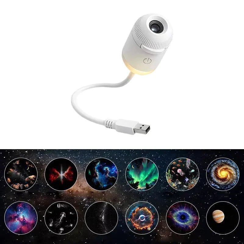 Projetor de estrelas miniatura esen-cia com luz de atmosfera ajustável e projeções variadas para criar ambiente romântico.