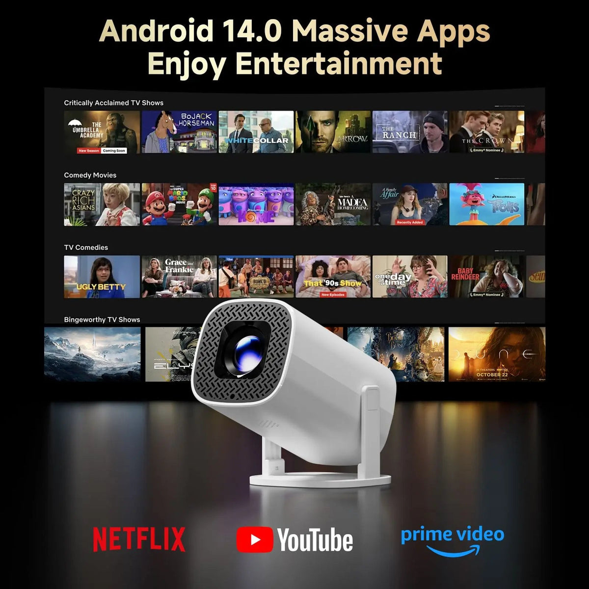 Projetor inteligente P30 PRO da esen-cia, mini portátil com Android 14, WiFi 6, Bluetooth 5.0 e suporte 4K para cinema e uso externo.