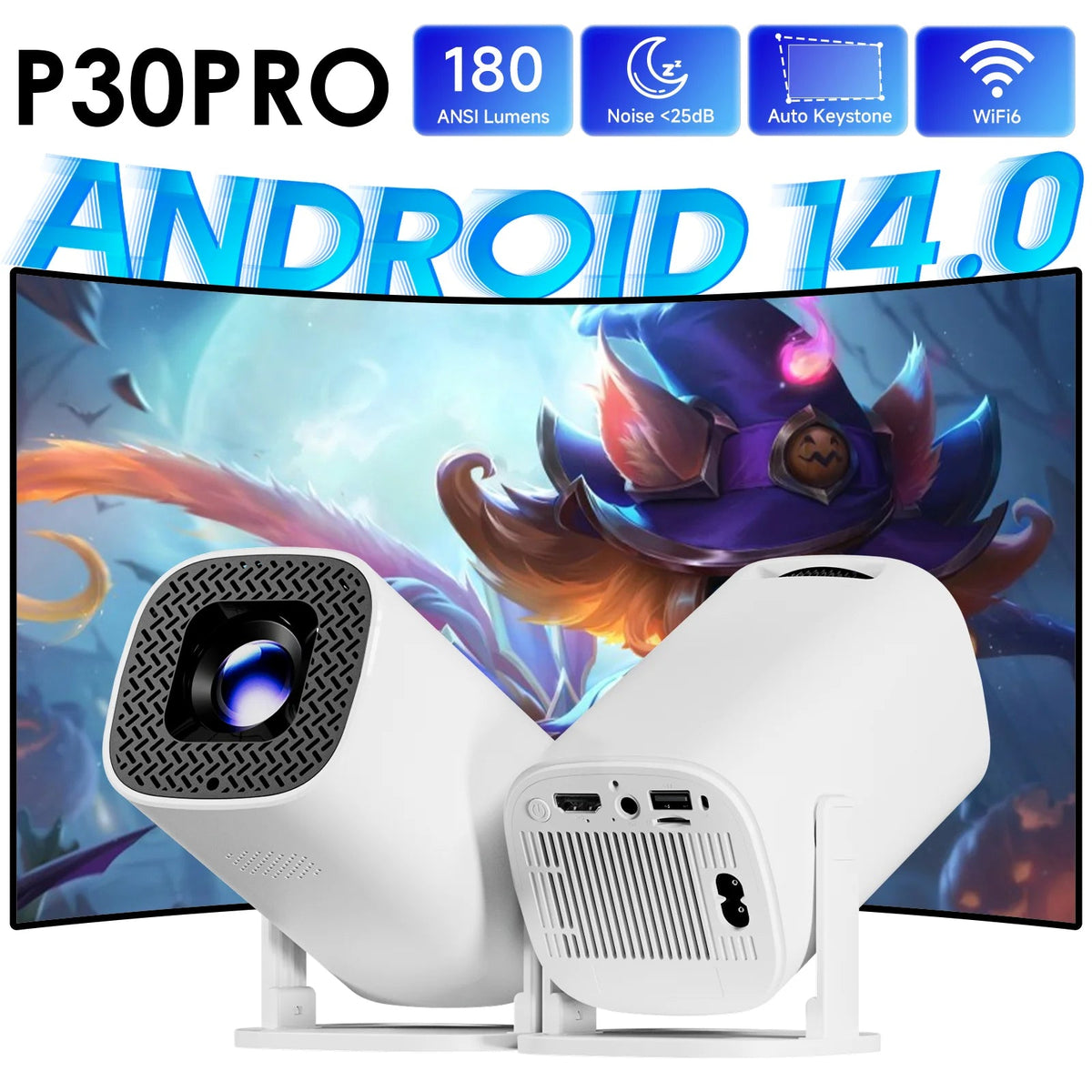 Projetor portátil Esen-cia P30 PRO com Android 14, WiFi6, Bluetooth 5.0, suporta 4K, vídeo 1280x720, ideal para cinema em casa.