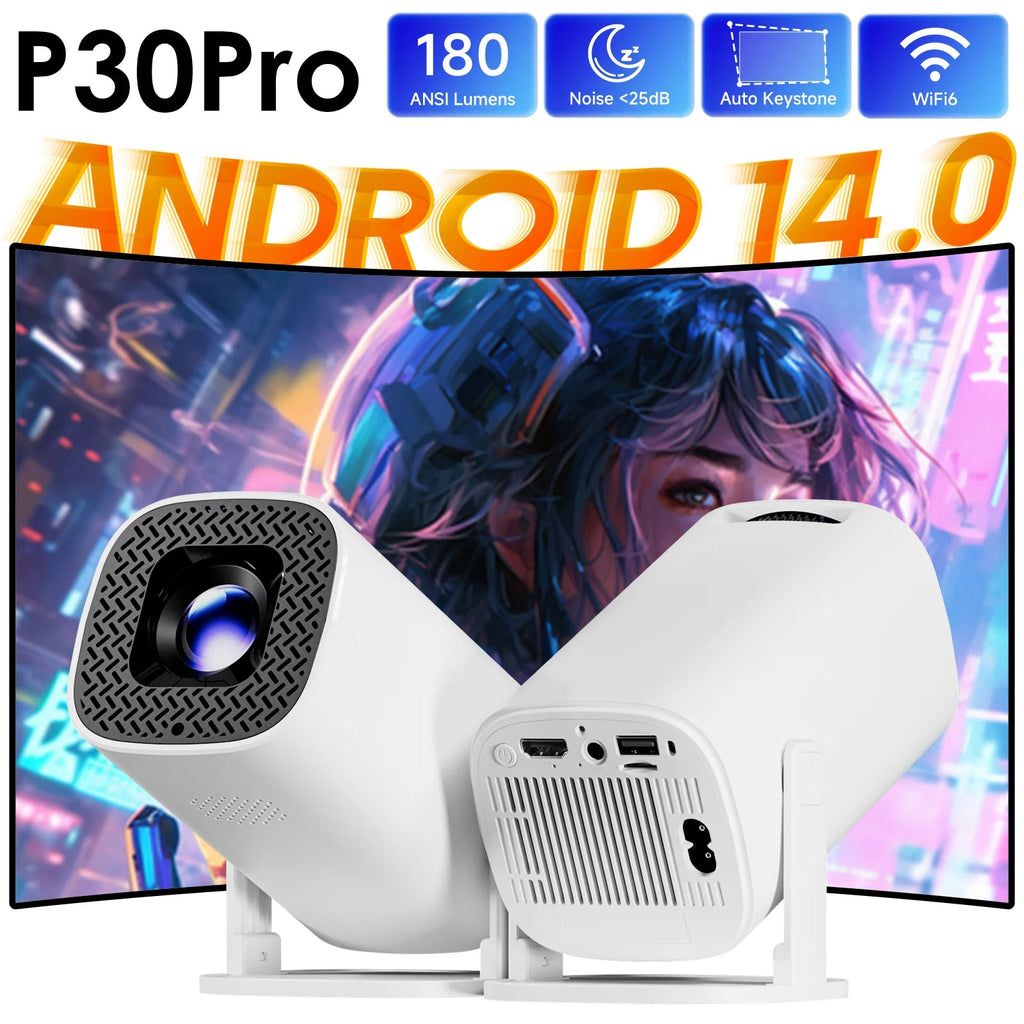 Projetor inteligente portátil Esen-cia P30PRO Android 14 com WiFi6, Bluetooth 5.0, suporte 4K e espelhamento de tela.
