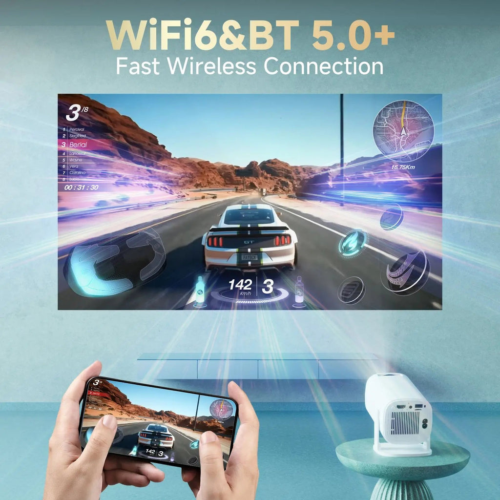 Projetor inteligente Esen-cia P30PRO Android 14 com WiFi6, Bluetooth 5.0, suporte 4K e espelhamento de tela para home theater.
