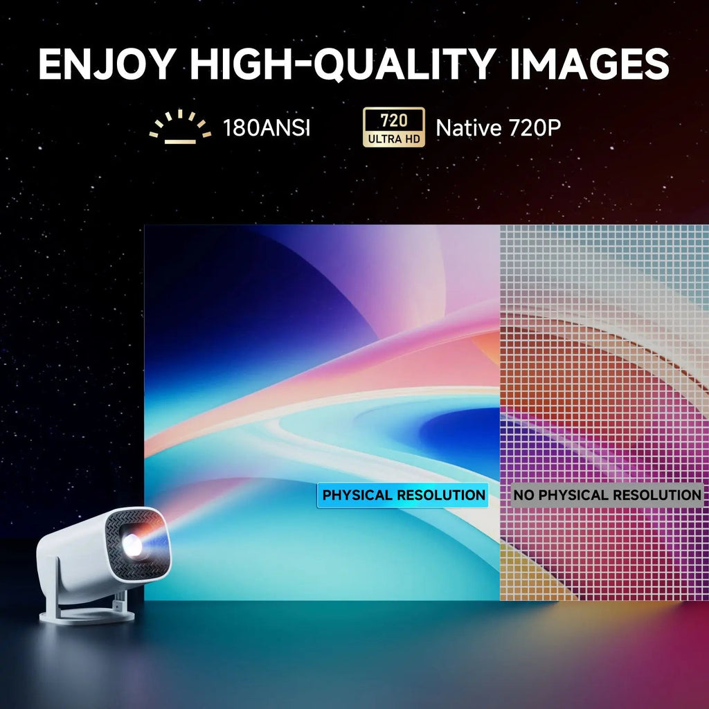 Projetor inteligente Android 14 Esen-cia com WiFi6, Bluetooth 5.0, suporte 4K e espelhamento de tela para home theater.