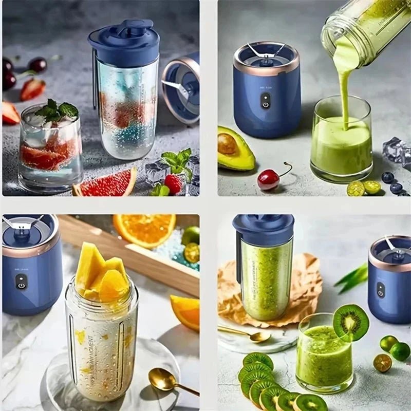 Copo de blender portátil elétrico esen-cia com 6 lâminas para sucos, smoothies, gelo e processar alimentos, em uso com ingredientes.