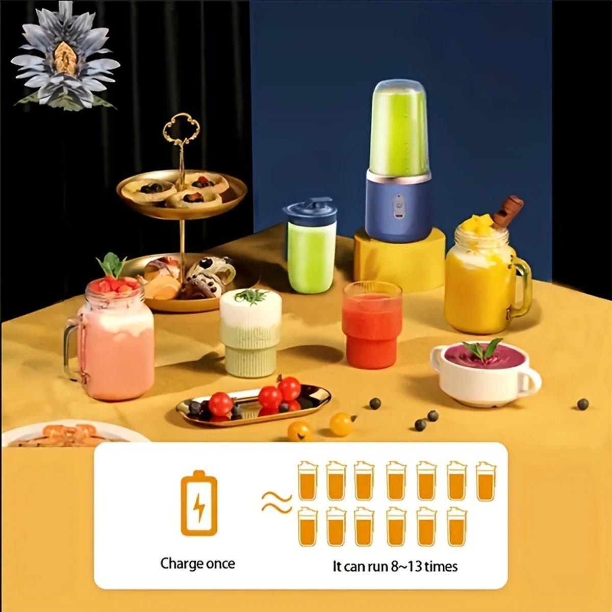 Lixeira portátil Esen-cia com 6 lâminas elétricas para sucos, smoothies e triturar gelo, em cor branca com tampa transparente.