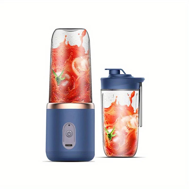 Garrafa de liquidificador portátil esen-cia com 6 lâminas, para sucos, smoothies e gelo, vista frontal com base e tampa.