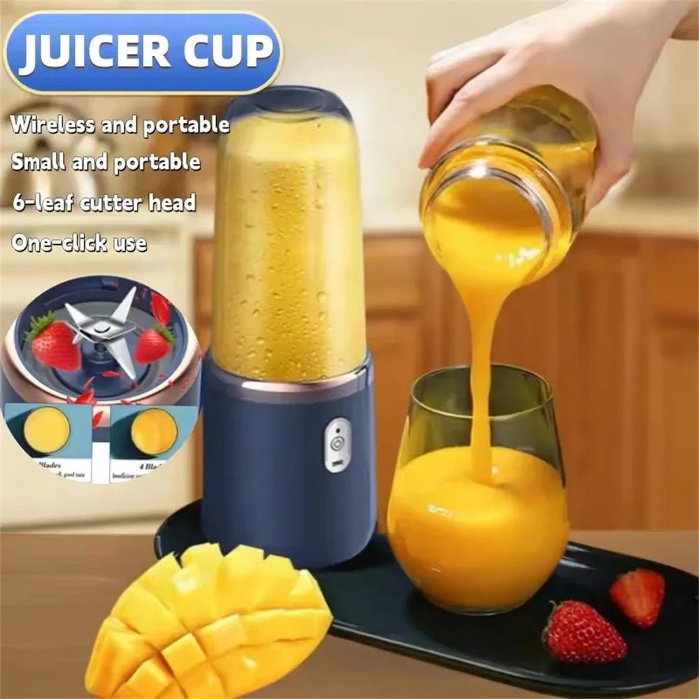 Garrafa de blender portátil elétrico Esen-cia com 6 lâminas para sucos, smoothies e triturar gelo, vista frontal com líquido colorido.