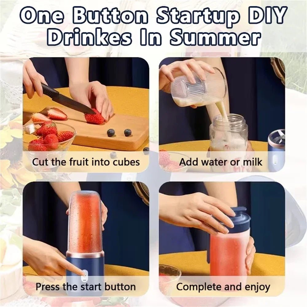 Garrafa de blender portátil Esen-cia com seis lâminas, mostrando o aparelho preto, ideal para sucos, smoothies e triturar gelo.