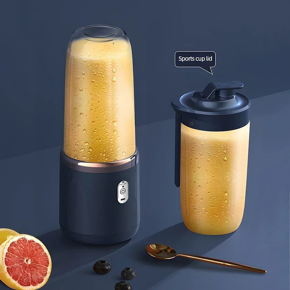 Garrafa de blender portátil elétrico esen-cia com 6 lâminas para sucos, smoothies, gelo e alimentos, vista de frente.