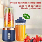 Garrafa de liquidificador portátil esen-cia com 6 lâminas para sucos, smoothies, gelo e alimentos, vista frontal com tampa e base.