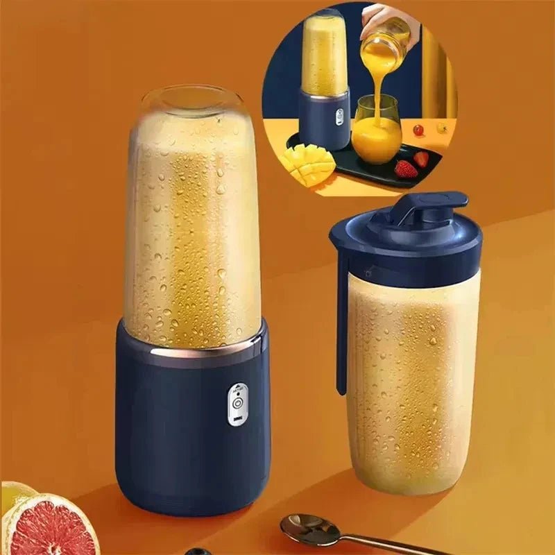Lata de liquidificador portátil Esen-cia com 6 lâminas, para sucos, smoothies e gelo, vista frontal com tampa e controle.
