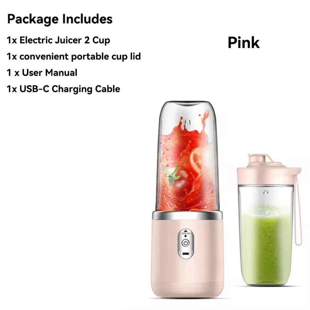 Liquidificador portátil esen-cia com 6 lâminas, copo para sucos, smoothies, gelo e alimentos, em uso com ingredientes variados.