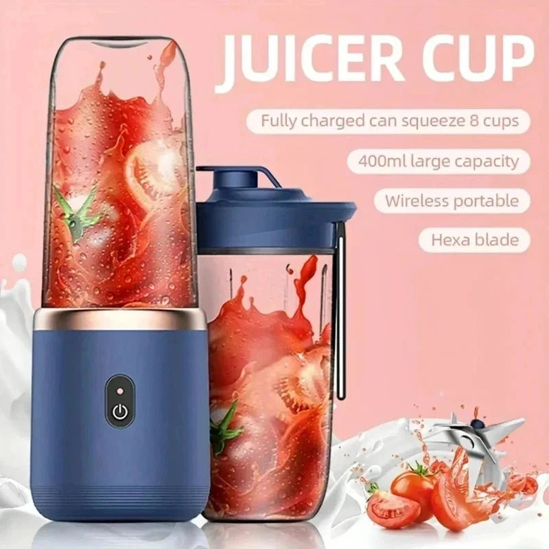 Copo de blending portátil Esen-cia com 6 lâminas elétrico, ideal para smoothies, sucos e triturar gelo, vista frontal com tampa.